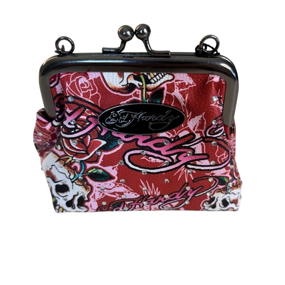 Ed Hardy Kisslock Mini Crossbody w/ X-Long Gun Metal Chain.